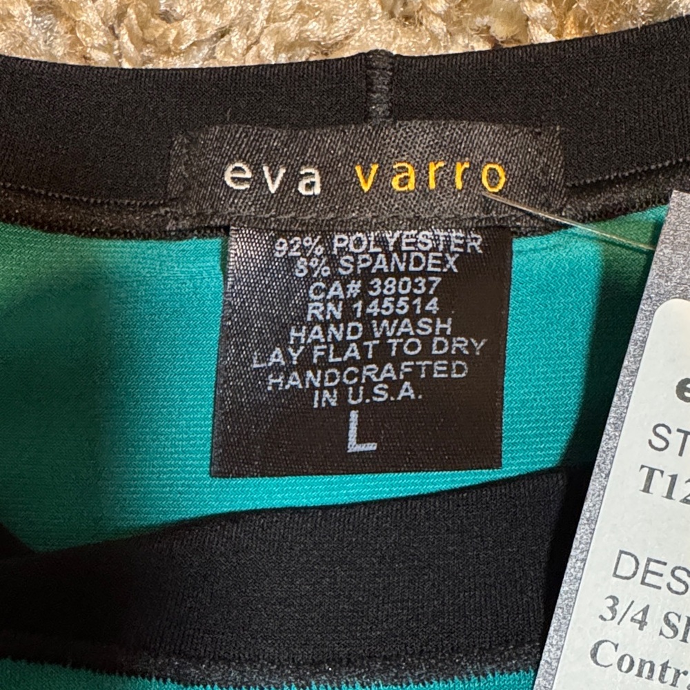 NWT Eva Varro 3/4 Sleeve Contrast Top Teal & Black Lace - Picture 5 of 8